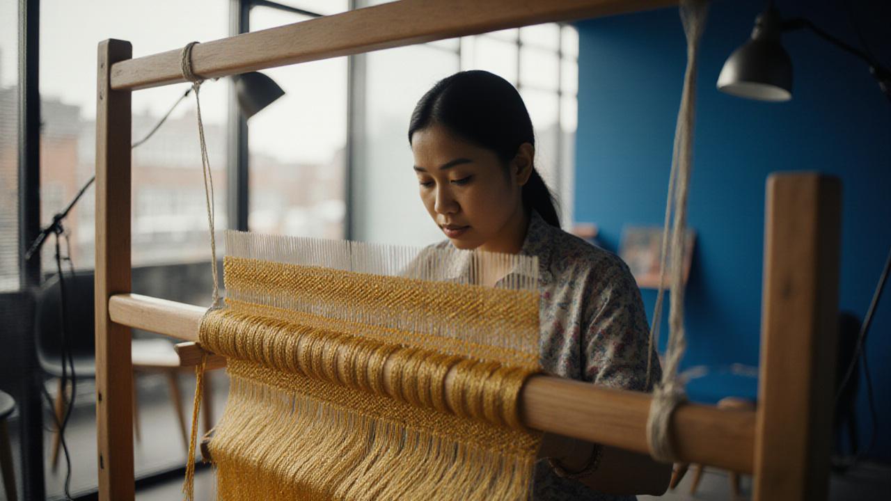 Thai artisan working on traditional silk loom in a modern studio setting