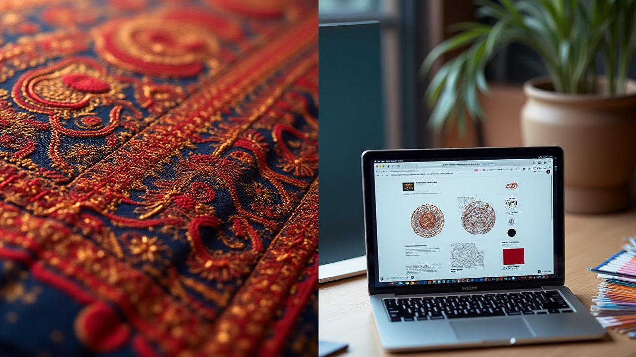 Collage of branding materials including logo sketches and traditional Thai textiles